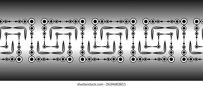 Monochrome abstract zigzag seamless border. Black circles and parallel perpendicular lines. Black complex geometry shapes on gradient background. Clear strict ornament