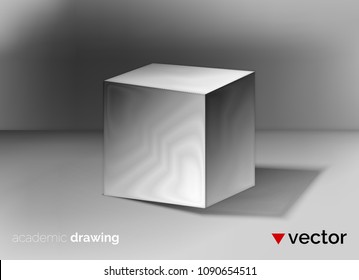 Monochrome academic drawing cube. Grayscale vector illustration