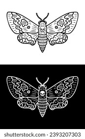 Monochrome acherontia atropos hawk moth doodle. Perfect print for tee, poster, card, sticker, banner. Hand drawn vector illustration.



