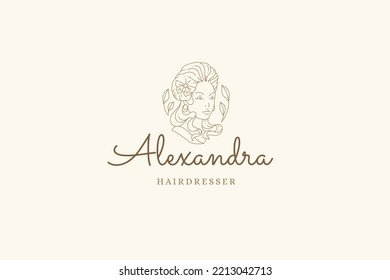 Monochrome adorable woman ancient bust with elegant hairstyle and natural flower butterfly decor line art logo vector illustration. Minimalist female monument medieval beauty business card design