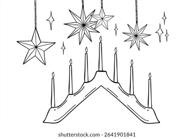 Monochrome advent candlestick and hanging stars for window decoration vector illustration. Seven candles for Scandinavian Christmas themes, holiday home decor, nostalgic festive branding.