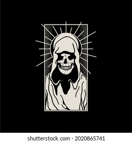 Monochrome Aesthetic Dark, Gothic Grim Reaper Skull T-shirt Design Illustration