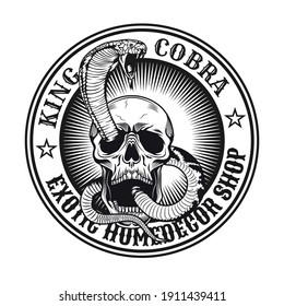 Monochrome aggressive king cobra in attack emblem. Vintage design elements with snake attacking from human skull and text. Gothic or horror concept for label, stamp, tattoo template
