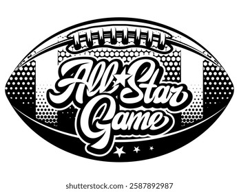 Monochrome All Star Game logo with a football shape featuring bold black and white colors for sports enthusiasts.