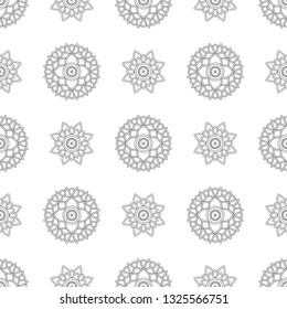 Monochrome allover Hindu folk fabric print. Seamless folk vector pattern for adult colouring book, interior, wallpaper, apparel textile, phone case. Oriental linear geometric flower design