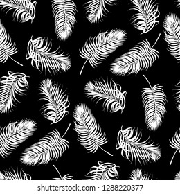 Monochrome Aloha Hawaiian Shirt Seamless Background Pattern. Tropical flowers and leaf, Palm, gibiscus, plumeria. Black and white.