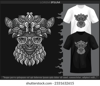 Monochrome alpaca mandala arts isolated on black and white t shirt.