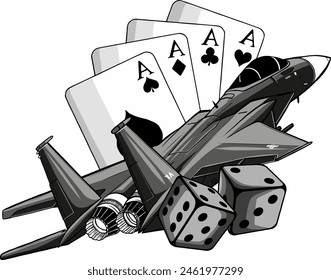 monochrome American Fighter Jet with poker aces and dice