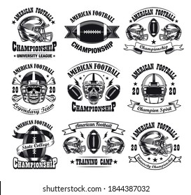 Monochrome American football emblems vector illustration set. Vintage signs or sticker for team with skull in helmet and ball. Sport game and championship concept can be used for stickers and badges