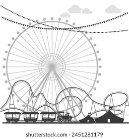 Monochrome amusement park scenery with Ferris wheel and roller coaster, ideal for theme park and entertainment designs.