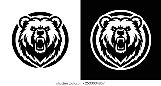 Monochrome Angry Bear in CIrcle Logo - Fierce Animal Emblem