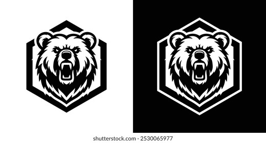 Monochromer, wütender Bär mit hexagonalem Logo - Fierce Animal Emblem