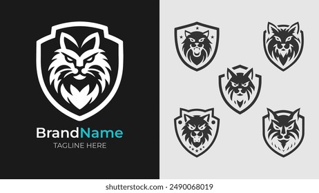 Monochrome Angry Cat Head Logos Collection. Collection of fierce monochrome logos featuring angry cat heads within shields. Perfect for strong branding and sports teams