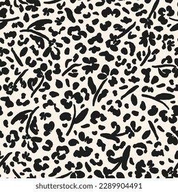 Monochrome animal and flower seamless repeat pattern. Random placed, vector exotic botany all over surface print.