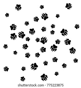 Monochrome Animal Footprints in Black and White. Prints of Paws with Big Claws for Petshop Design or for Goods for Pets. Simple Pattern for Print, Logo or Poster. Vector Confetti Background.