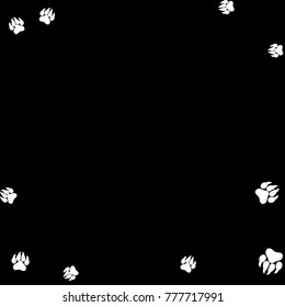 Monochrome Animal Footprints in Black and White. Prints of Paws with Big Claws for Petshop Design or for Goods for Pets. Simple Pattern for Print, Logo or Poster. Vector Confetti Frame.