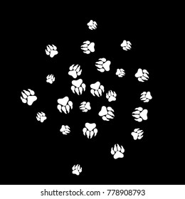 Monochrome Animal Footprints in Black and White. Prints of Paws with Big Claws for Petshop Design or for Goods for Pets. Simple Pattern for Print, Logo or Poster. Vector Confetti Background.