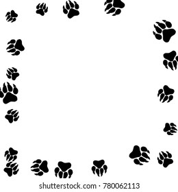 Monochrome Animal Footprints in Black and White. Prints of Paws with Big Claws for Petshop Design or for Goods for Pets. Simple Pattern for Print, Logo or Poster. Vector Confetti Frame.