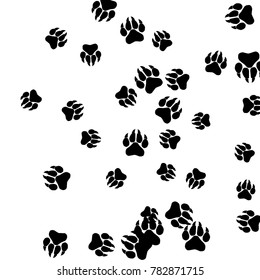 Monochrome Animal Footprints in Black and White. Prints of Paws with Big Claws for Petshop Design or for Goods for Pets. Simple Pattern for Print, Logo or Poster. Vector Confetti Background.