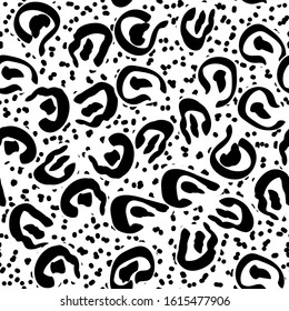 Monochrome Animal Leo Leather Vector Seamless Pattern. Black Spots Creative Jaguar Pattern. Aquarelle Jungle Texture. Fashion Drawn Imitation Batik Illustration.