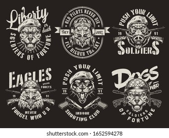 Monochrome Animals And Army Vintage Prints With Angry Pitbull Eagle Wild Boar Black Panther Heads In Military Helmets And Hats Guns Crossed Assault And Carbine Rifles Isolated Vector Illustration