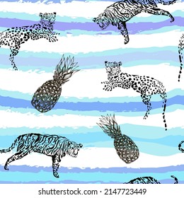 monochrome animals and fruit on blue striped background, seamless pattern