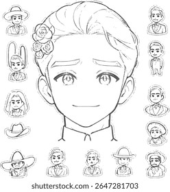 Um personagem de anime monocromático cercado por desenhos menores, com rosas, chapéus e várias roupas.