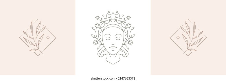 Monochrome antique goddess woman face in botanical wreath with tropical natural tree branch elegant decor set vector illustration. Simple line art icon feminine cosmetology beauty spa salon skincare