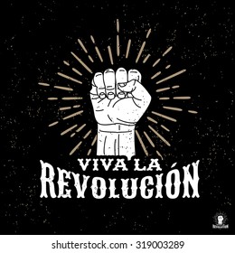 monochrome antique hipster vintage label , badge, crest "viva la revolution" for flayer poster logo or t-shirt apparel clothing print with lettering sun burst and fist