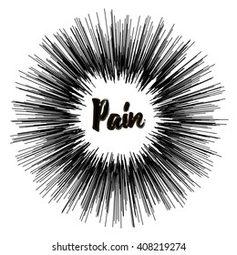 monochrome antique hipster vintage label , badge, crest "pain" for card flayer poster logo or t-shirt print with text lettering sun burst and fireworks