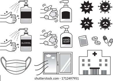 
Monochrome anti-virus set, hand wash, alcohol disinfectant, ventilation