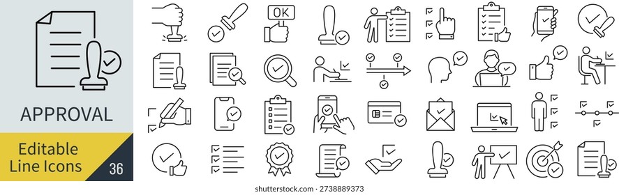 Monochrome Approval Line Icon Set – Vector Authorization and Business Confirmation Symbols