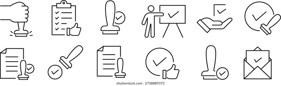 Monochrome Approval Line Icon Set – Vector Authorization and Business Confirmation Symbols