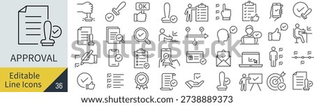 Monochrome Approval Line Icon Set – Vector Authorization and Business Confirmation Symbols