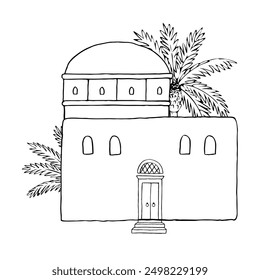 Monochrome Arabic house with dome, door, windows and palm trees flat vector illustration in black and white. Simple line art landscape of traditional Islamic Middle East architecture