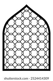 Puerta islámica en forma de arco monocromático, ventana con patrón arabesco geométrico, silueta de arco árabe. Marco en diseño árabe musulmán para Ramadán Kareem, ideas decorativas de la parrilla, Jali, separador de la pared. 