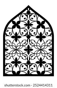 Monochrome arch shape Traditional Indian Mughal door, window with geometric arabesque pattern, silhouette Indian arch. Decorative Grille Ideas, Jali, Wall Separator.  Mughal paisley abstract ikat.