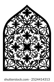 Forma de arco monocromo Puerta tradicional de la India Mughal, ventana con patrón arabesco geométrico, silueta arco indio. Mughal paisley abstracto ikat. Ideas de rejilla decorativa, cárcel, separador de pared.  