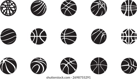Eine monochrome Reihe von Basketball-Vektorgrafiken in verschiedenen Stilen und Ausrichtungen