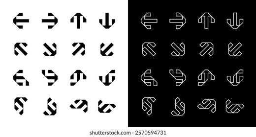 Monochrome Arrow Vector Set. Modern Arrows in Different Directions. Left, Right, Up, Down Flat Arrow Buttons. Set of Outlined and Filled Icons for Web and Mobile Design on Isolated White Background. 