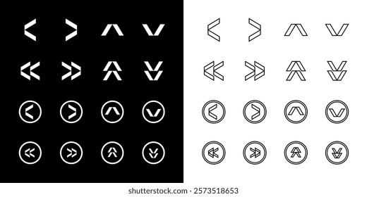 Monochrome Arrow Vector Set. Modern Arrows in Different Directions. Left, Right, Up, Down Flat Arrow Buttons. Set of Outlined and Filled Chevron Icons for Web and Mobile on Isolated White Background.