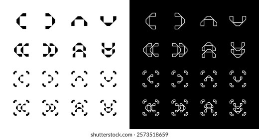 Monochrome Arrow Vector Set. Modern Arrows in Different Directions. Left, Right, Up, Down Flat Arrow Buttons. Set of Outlined and Filled Chevron Icons for Web and Mobile on Isolated White Background.