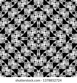 monochrome Art Deco Seamless vector pattern. Black and white geometrical background with hand drawn decorative tribal elements. Print with ethnic, folk, traditional motifs. Graphic vector illustration
