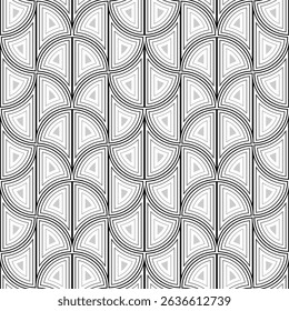 Monochrome art nouveau seamless pattern. Gray elements in white background. Geometric many fans ornament. Classic design of rounded arched elements