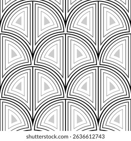Monochrome art nouveau seamless pattern. Calm design in shades of gray. Geometric many fans ornament. Pattern of rounded arched elements. Classic design for wallpaper, gift papers, textile.