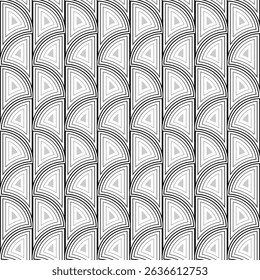 Monochrome art nouveau seamless pattern. Gray elements in white background. Vertical rows of tiles. Geometric many fans ornament. Classic design of rounded arched elements