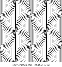Monochrome art nouveau seamless pattern. Gray elements in white background. Geometric many fans ornament. Pattern of rounded arched elements. Classic design for wallpaper, gift papers, textile.