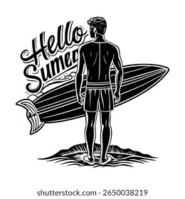 Monochrome art presents a man in shorts with his back to the viewer, positioned next to a surfboard and the stylized text Hello Summer, set against a white backdrop.