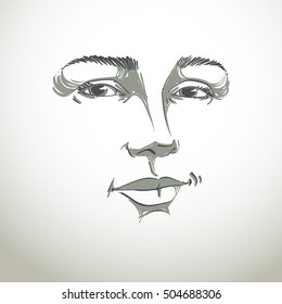 Monochrome art vector portrait of flirting woman, face expressions theme illustration. Beautiful sexy lady posing on white background, girl with attractive face features.