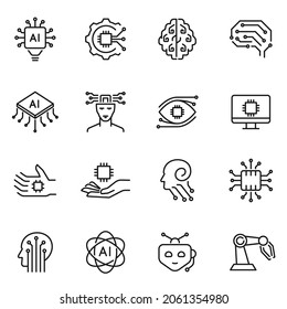 Monochrome artificial intelligence set icon line vector illustration. Logo futuristic human brain connection, programming machine innovation, robot cybernetic science engineering isolated on white